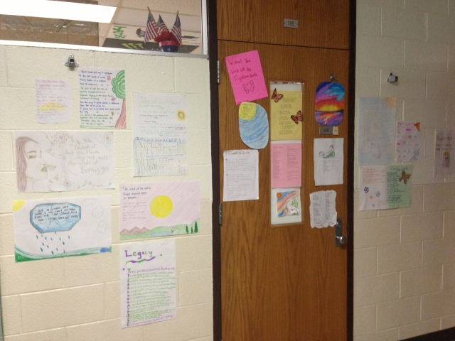The door leading to my classroom often becomes a canvas for my students' writing. 